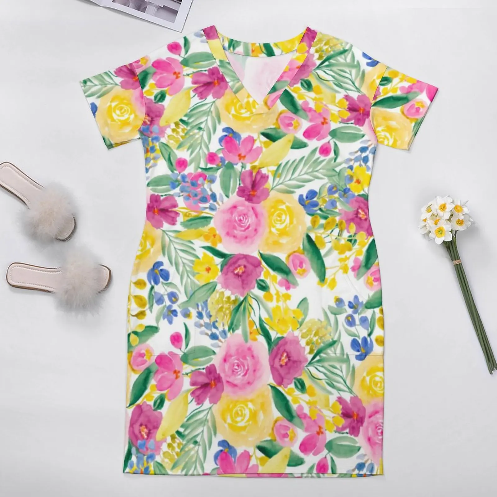 Colroful Bright Flowers Dress V Neck Floral Print Aesthetic Dresses Holiday Modern Casual Dress Women Print Plus Size Vestido