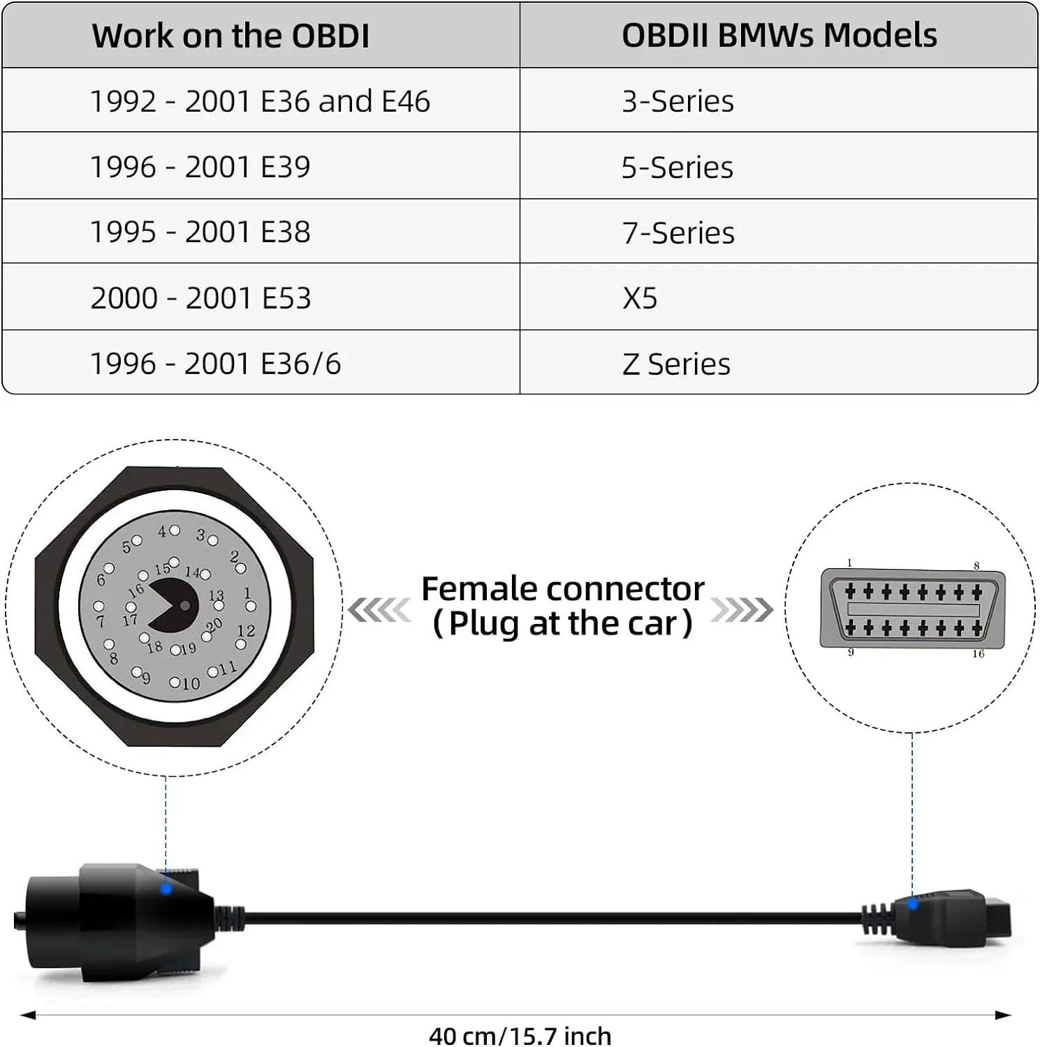 For BMW 20pin to OBD2 16pin connector cable OBD OBD2 adapter cable for BMW e36 e39 X5 Z3 scan tool cable