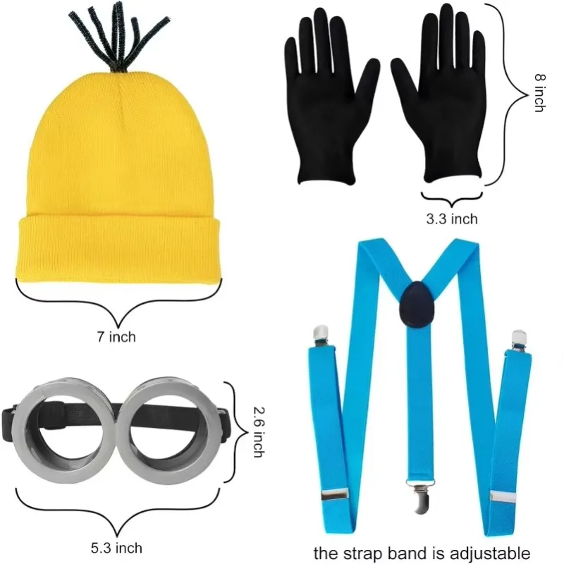 4 قطع من إكسسوارات أزياء الهالوين للبالغين - قبعة صغيرة صفراء نظارات وقفازات وحمالات لملابس الهالوين أنيمي