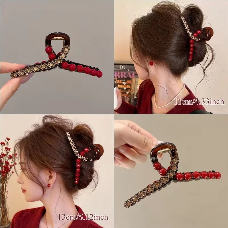 1pc Red Bead Hair Clips - Elegant Brown Shark-Style Hairpin with Red Beads, Secure Hold for Updo Hair Accessories for Women