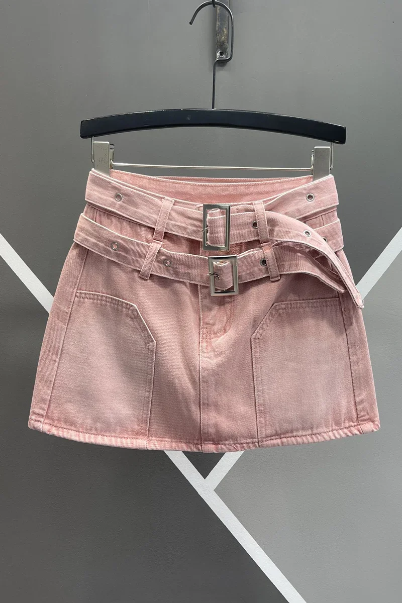 Streetwear Women Sheath Pink Denim Skirt European 2023 New Summer Anti-Exposure High Waist Slimming A- Line Short Denim Skirts