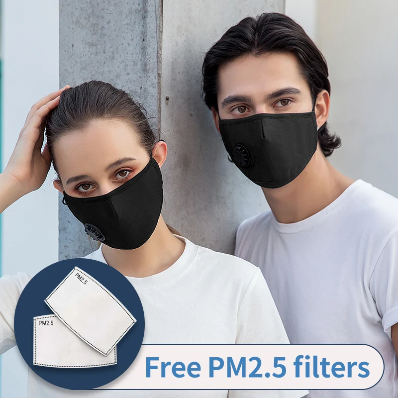 Mascarilla de algodón PM2.5 para adultos, máscara de protección solar, lavable, tridimensional, transpirable, color negro