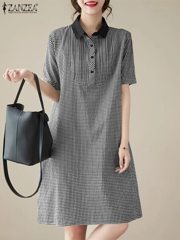 ZANZEA Vintage Checked Patchwork Knee-length Dress Women Summer Casual Short Sleeve Lapel Short Robes Korean Fashion Vestidos