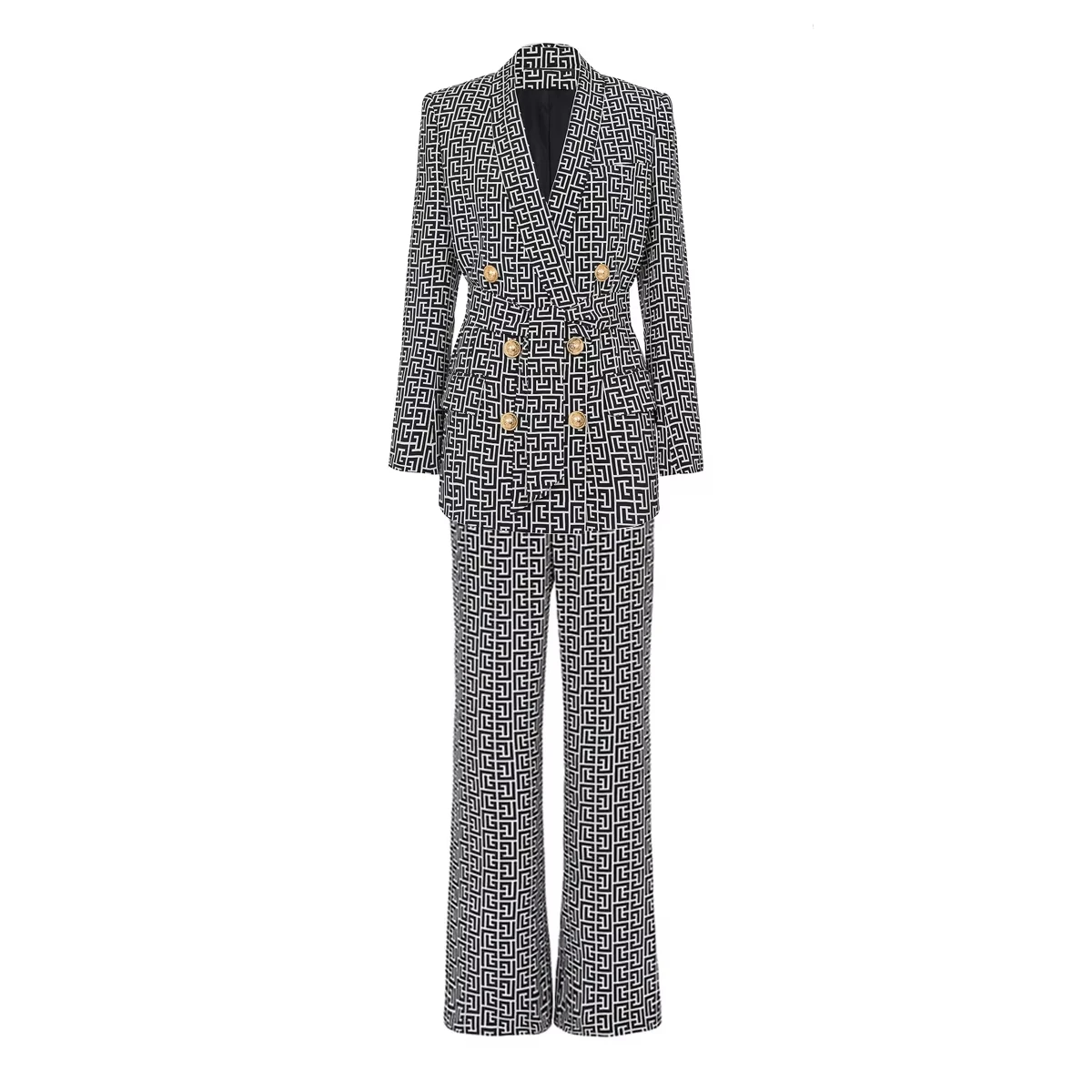 

Retro European Design Vintage Geometrical Pattern 2PCS Blazer Suit Elegant Straight Women Two Pieces Pants Casual Sets