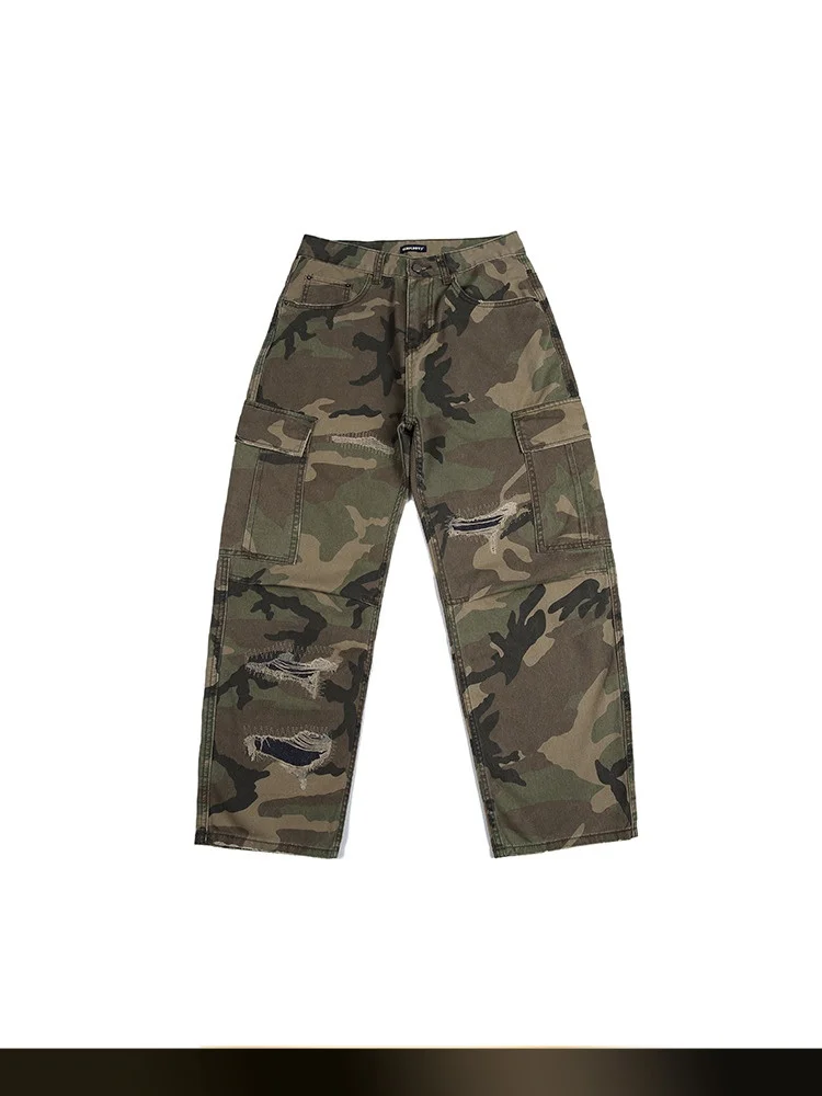 

American Style Vintage Washed Ripped Camouflage Straight Leg Work Trousers Men Summer New Loose Wide Leg Casual Long Pants