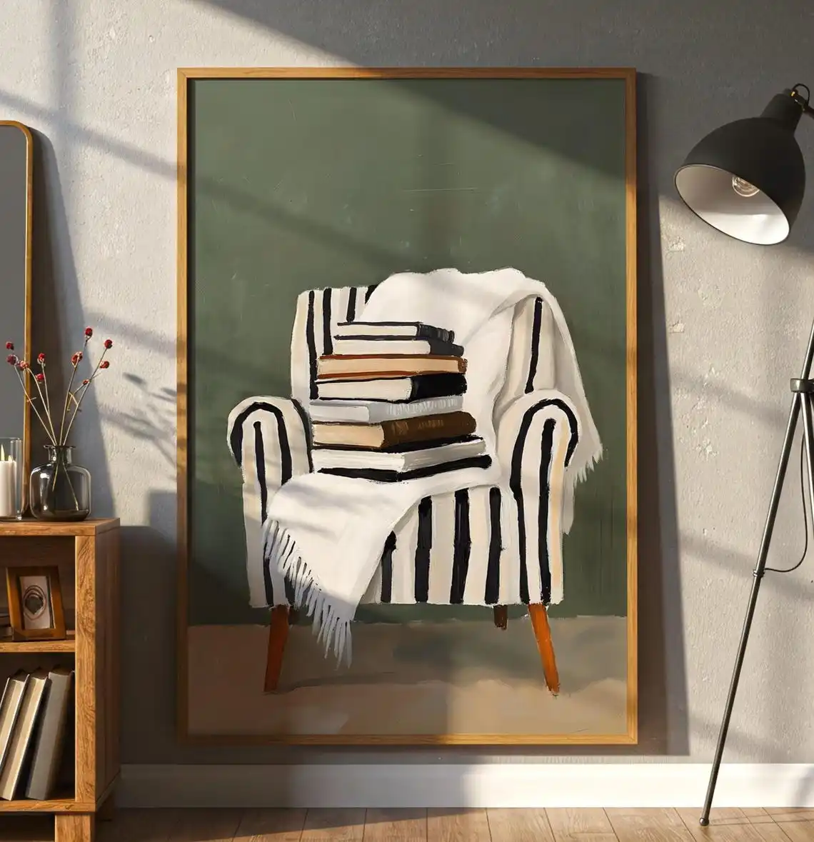 Rincón de lectura acogedor, arte de pared, pila de libros en silla, impresión en lienzo, decoración estética neutra, amante de la lectura
