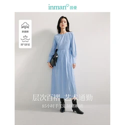 INMAN 2024 autumnwinter French chic women's dresses Pleated Design long-sleeved loose waist long skirts