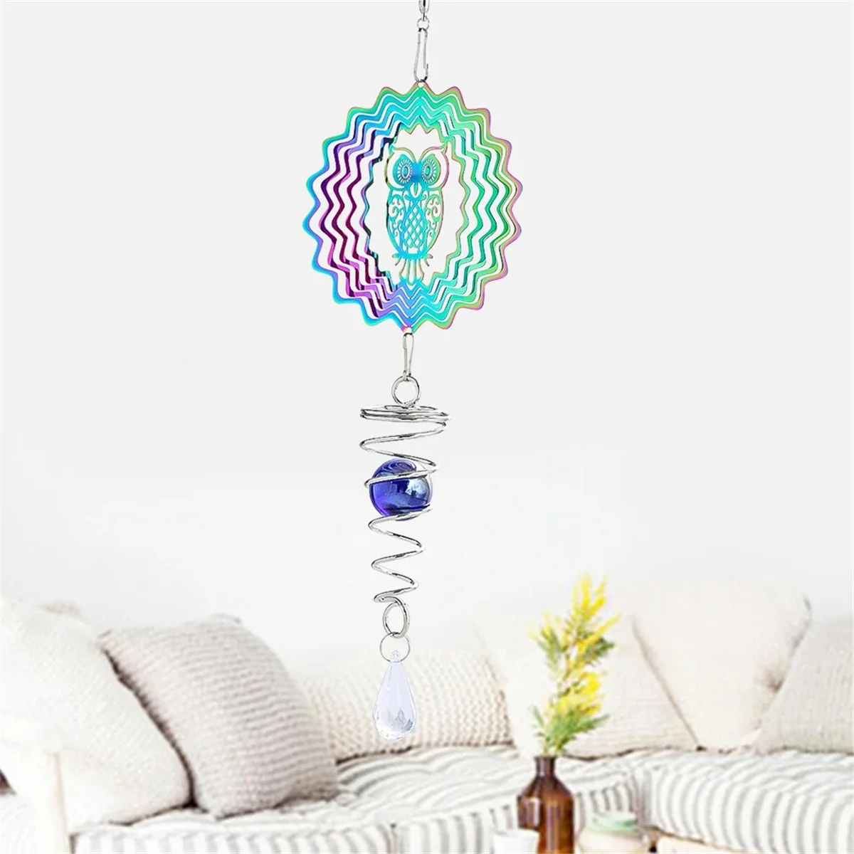 Owl Kinetic Gradient Color Wind Spinner Sculpture 3D Wind Chimes Sun Catcher Gazing Ball Spiral Tail