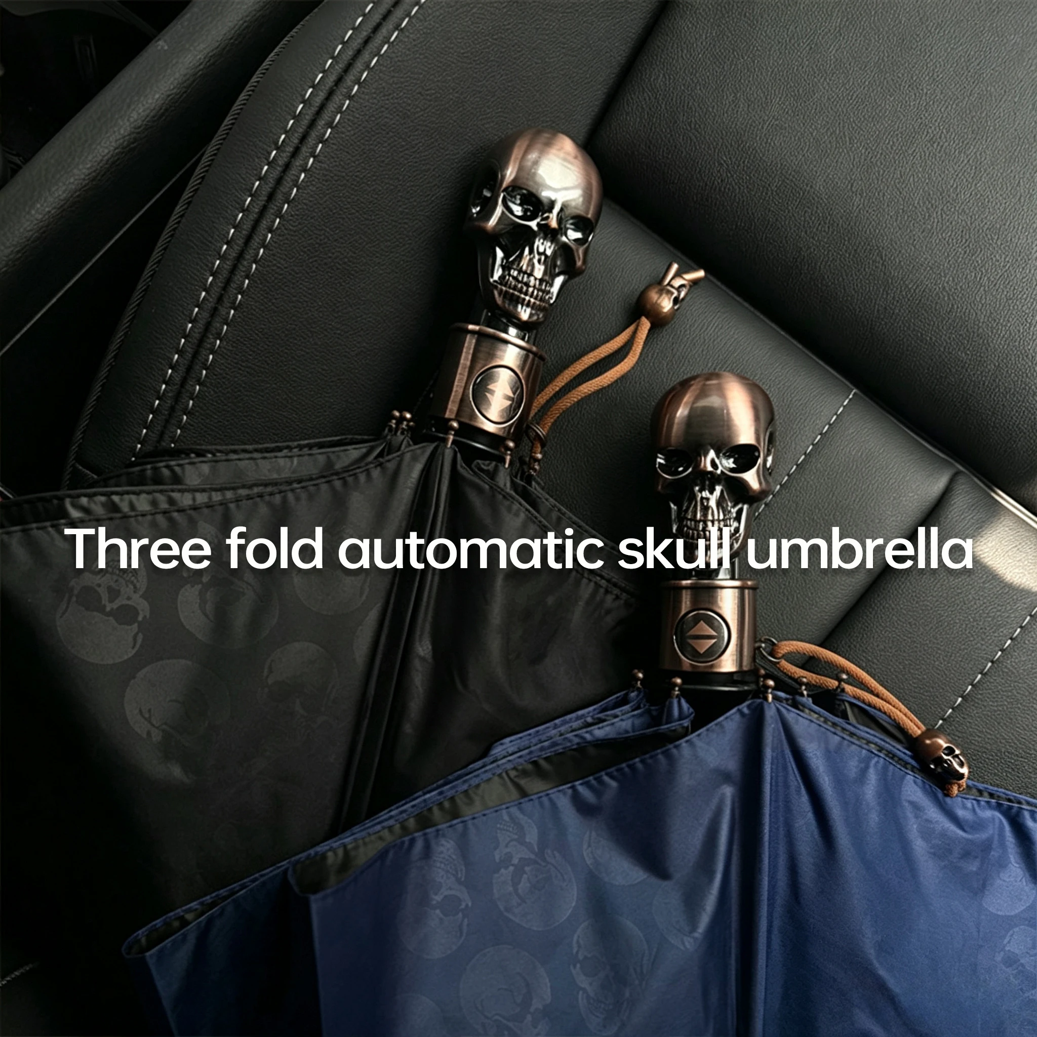 Automatic folding umbrella with skull head, handle, sun protection gold rubber coating, umbrella face, skull head printing