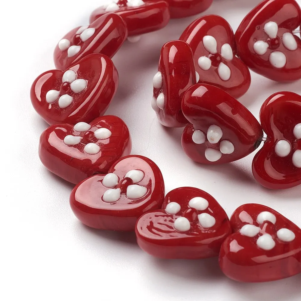 25pcs Red Heart Shape Lampwork Glass Beads Handmade White Flower Print Beads for DIY Bracelet Necklace Valentine Jewelry Making