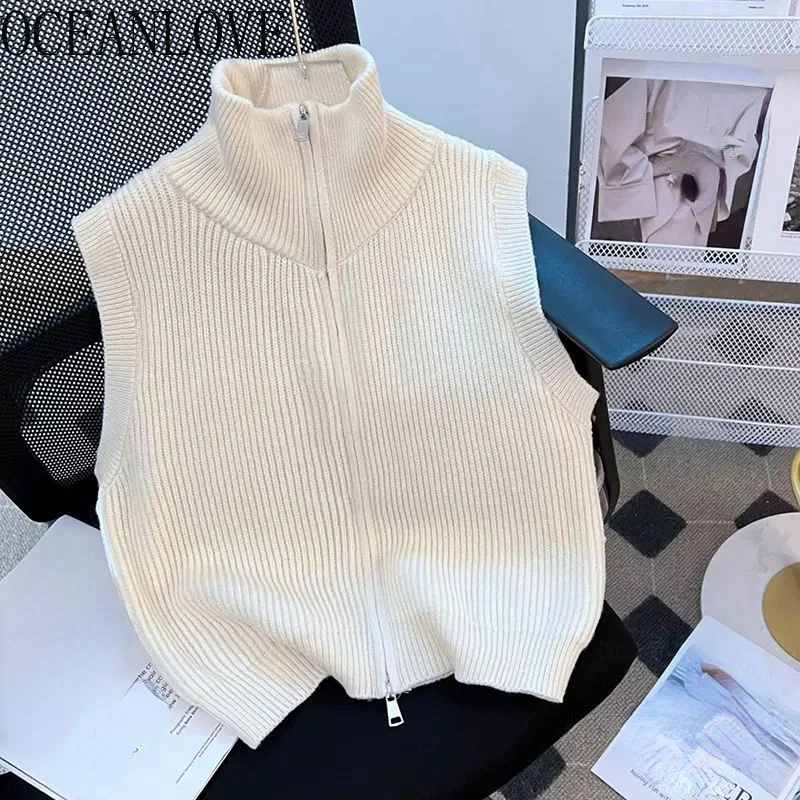 OCEANLOVE Turtleneck Spring Autumn Sweaters Women Tops Solid Zipper Korean Fashion Vests Casual Basics Short Cardigans