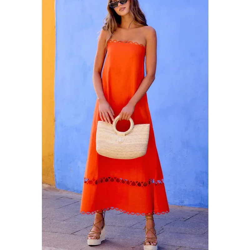 Hollow Out A-line Long Tube Dress Boho Vacation Holiday Dress Summer Women Off Shoulder Bohemian Dress Elegant INS Strapless