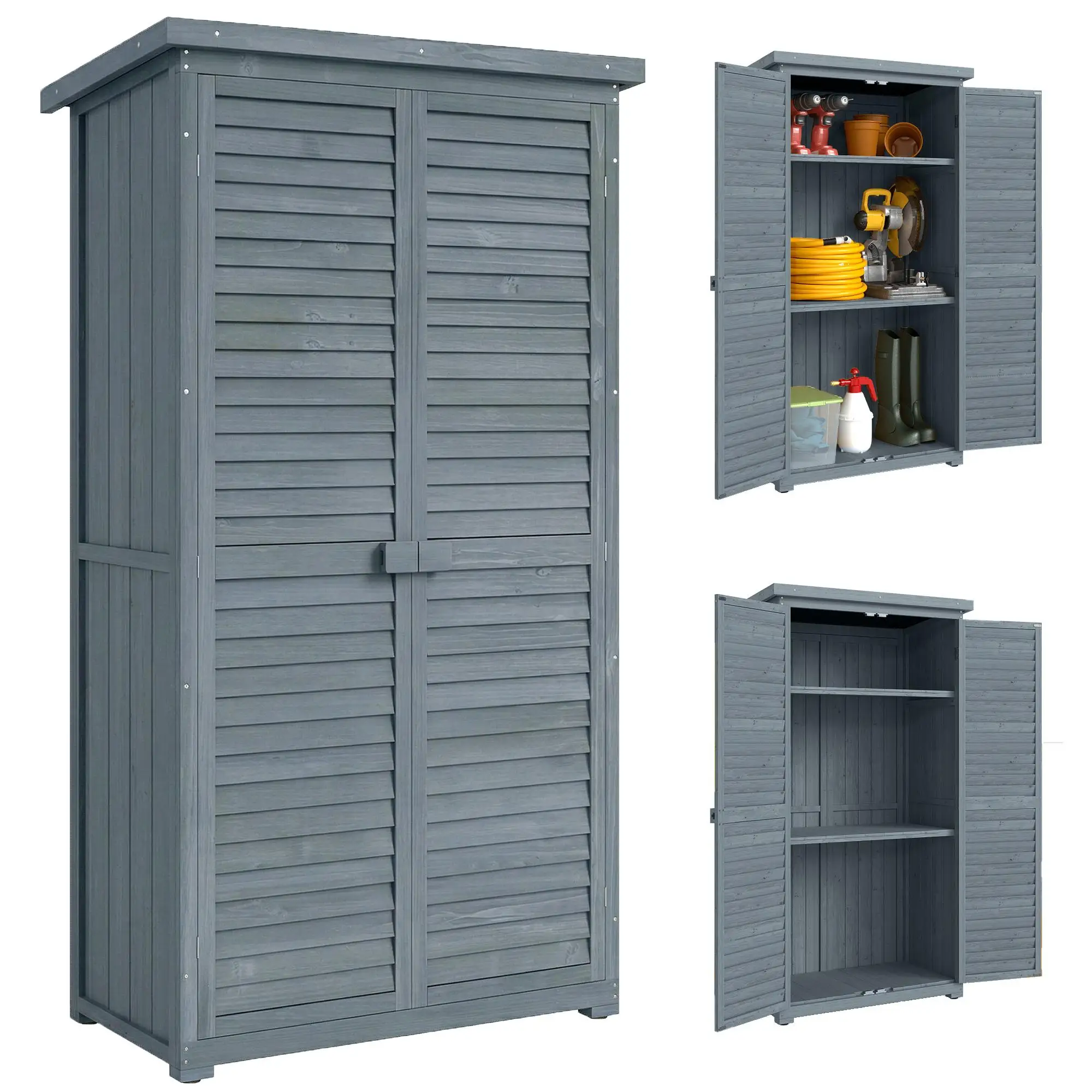 Abri de jardin en bois d'épinette gris, 2 étagères, toit en asphalte, fermoir magnétique, 87 × 46,5 × 160 cm