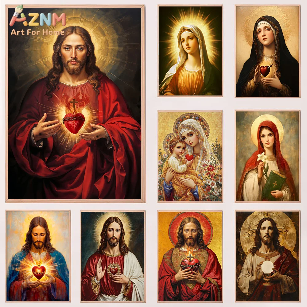 AZNM Catholic Sacred Heart of Jesus Virgin Mary Unframed Canvas Wall Art Print Religious Oil Painting Poster for Church Home Bed
