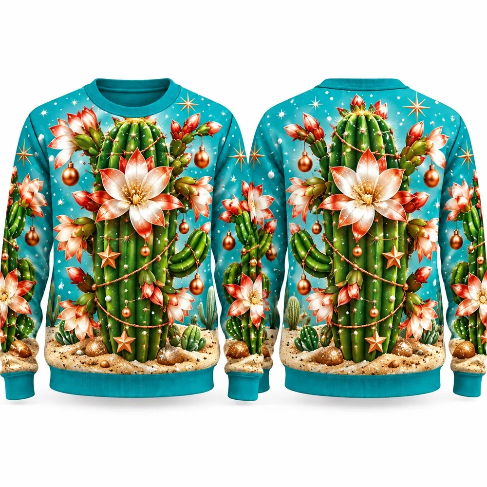 New Christmas Cactus Ugly Christmas Sweater for Men Women Festive Holiday Party Crewneck Pullover Long Sleeve Funny Sweaters