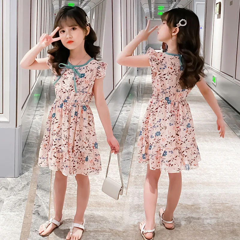 

2025 Girls Summer Elegant New Children Casual Teenager bow chiffon sleeveless floral Princess dress 5 6 7 8 9 10 11 12 13 year