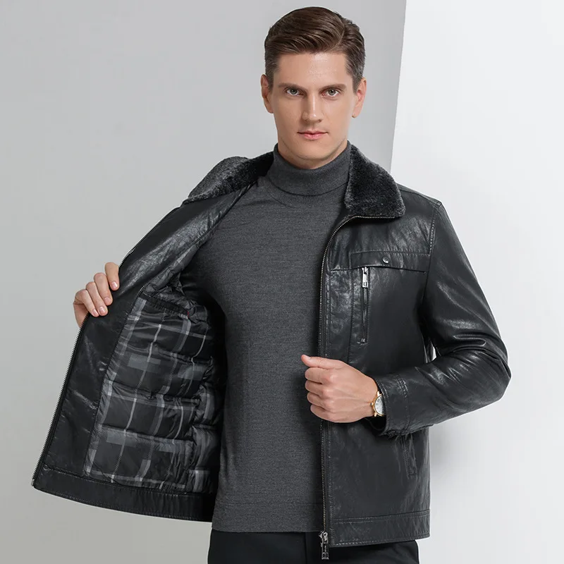 Winter New Middle-aged Men Leather Down Jacket Male Lapel Imitation Lamb Fur Collar Coat Short Thicken Leather Jackets Hombre