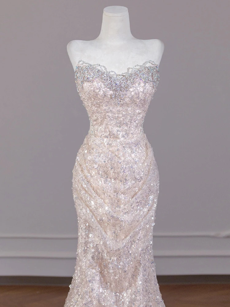 Sexy Champagne Sequins Prom Dresses Sweetheart Strapless Open Back Evening Party Dress Mermaid Sleeveless Formal Occasion Dress
