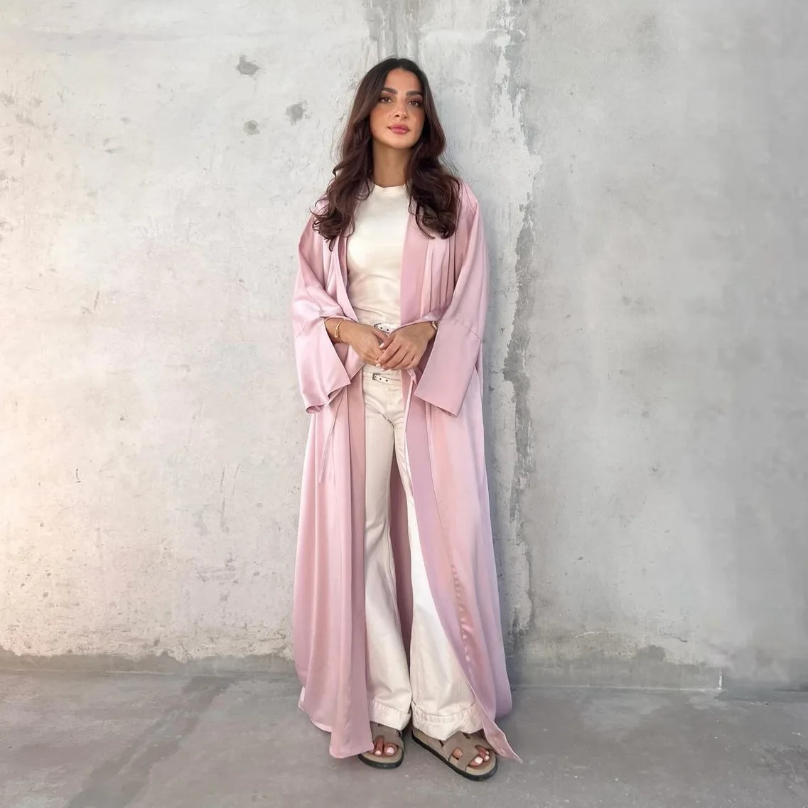 

Middle Eastern Muslim Robe, A Fashionable Satin Soft Dress, An Open-front Outer Robe Abaya, A Solid-color Dress for Women.