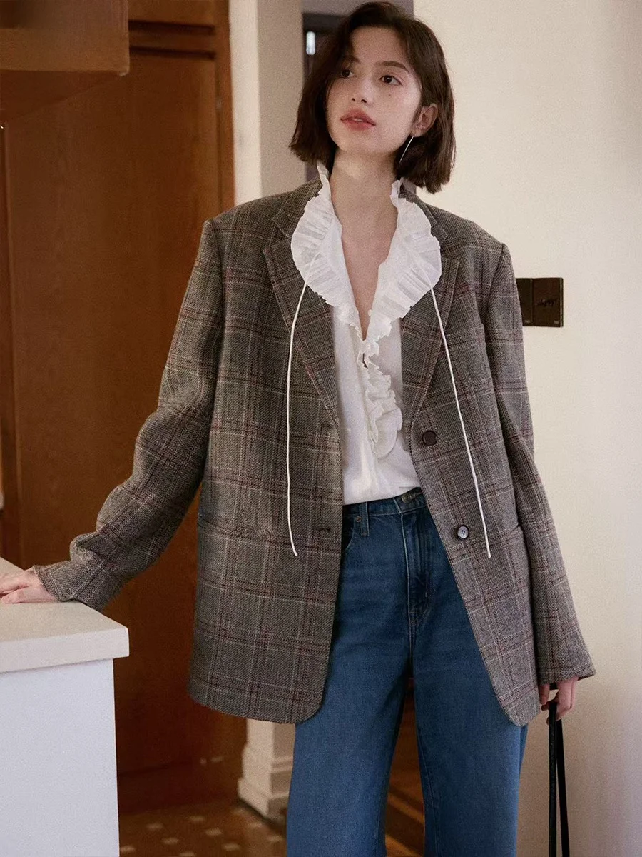 

Even Vintage Australian Wool Retro Wel Plaid Autumn Winter Women's Casual Suit Jaet Classic Che Patterned Outerwear