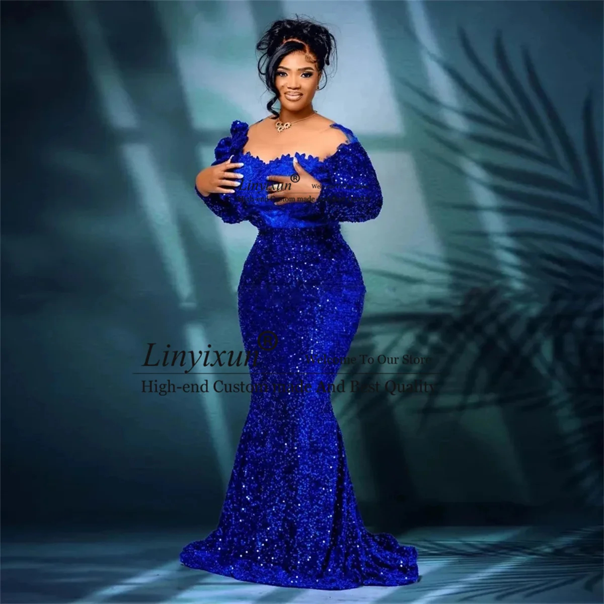 Royal Blue Sequins African Prom Dresses Plus Size Black Women Nigerian Formal Party Dress Shiny Sequined Mermaid Evening Gown