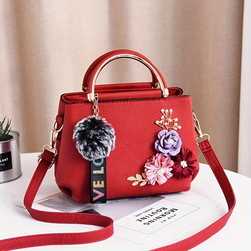 3D Flower Decor Handbag, Women\'s PU Leather Crossbody Bag, Fashion Small Top Handle Purse
