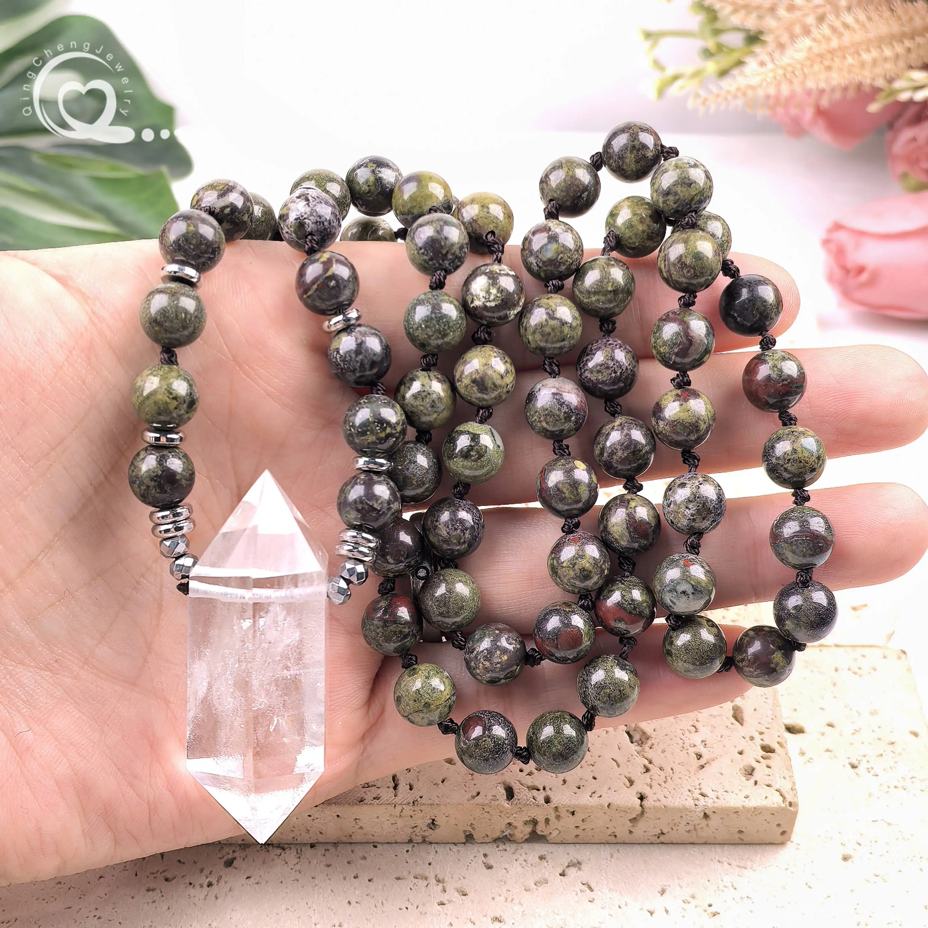 

Dragon Blood Jasper Round Bead Yoga Mala Necklaces Quartz Crystal Double Point Pendant Knotted Handmade Women Jewelry,QC0182