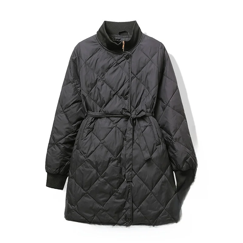 Commute Style White Duck down Stand Collar Puffer Jacket Women Winter New Loose Mid-Length Waist-Cinching Diamond Outerwear