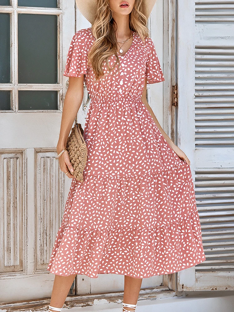 Vestido estampado con cuello en V para mujer, vestidos Retro bohemios para mujer, vestido Midi de manga corta con hoja de loto, Vestido de playa suelto informal para mujer, Verano