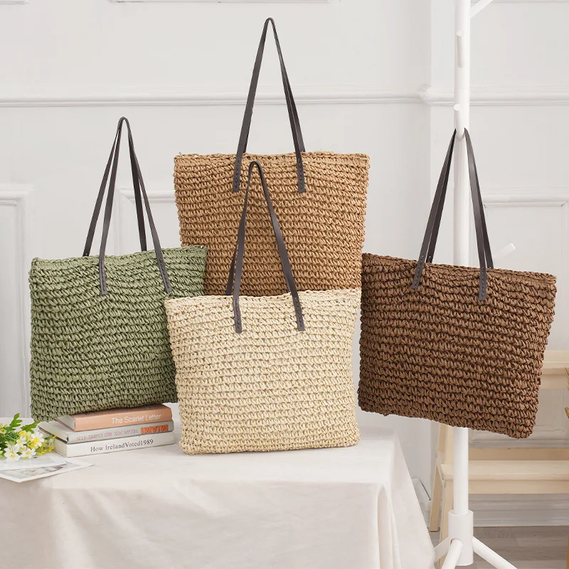 Große Kapazität Papier-Gras-Stroh Gewebte Körbe Quadratische Damen-Handtasche Mehrfarbige Umhängetasche für Frauen – Detail 27