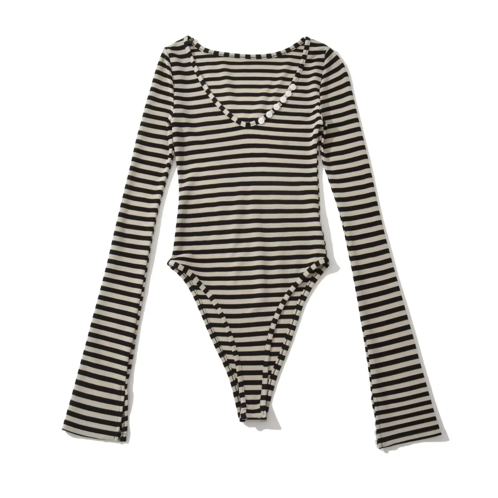 

Women's Fashion Striped Pure Desire Bodysuits Lim-fitting Slimming Bodycon Top with Long Sleeves, Sexy Innerwear for Women