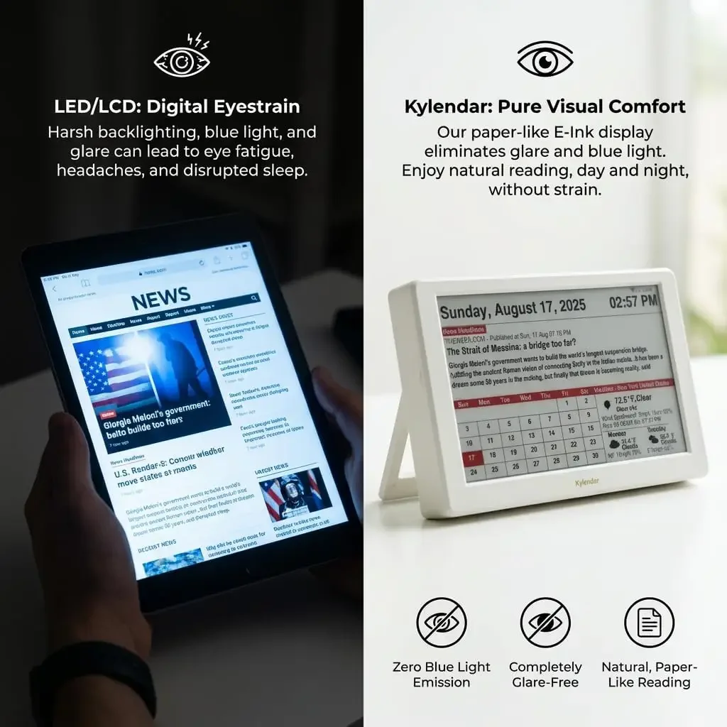 Smart Digital Calendar, 7 Inch E-Paper Display with Rechargeable Battery, Wi-Fi Auto-Sync Clock, Wireless Minimalist Bedside Wea