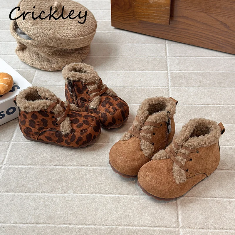 

PU Kids Fashion Boots Winter Leopard Zip Ankle Shoes For Toddler Boys Girls Plush Warm Anti Slip Children Short Boots