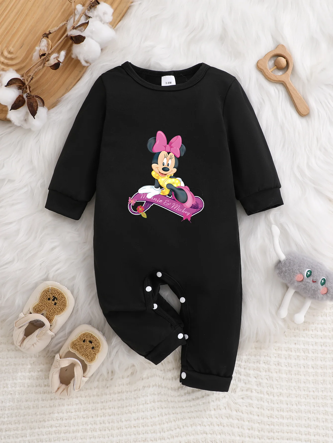 【Entre em licença oficial】 Macacão de manga comprida Disney Minnie Baby |   Doce impresso