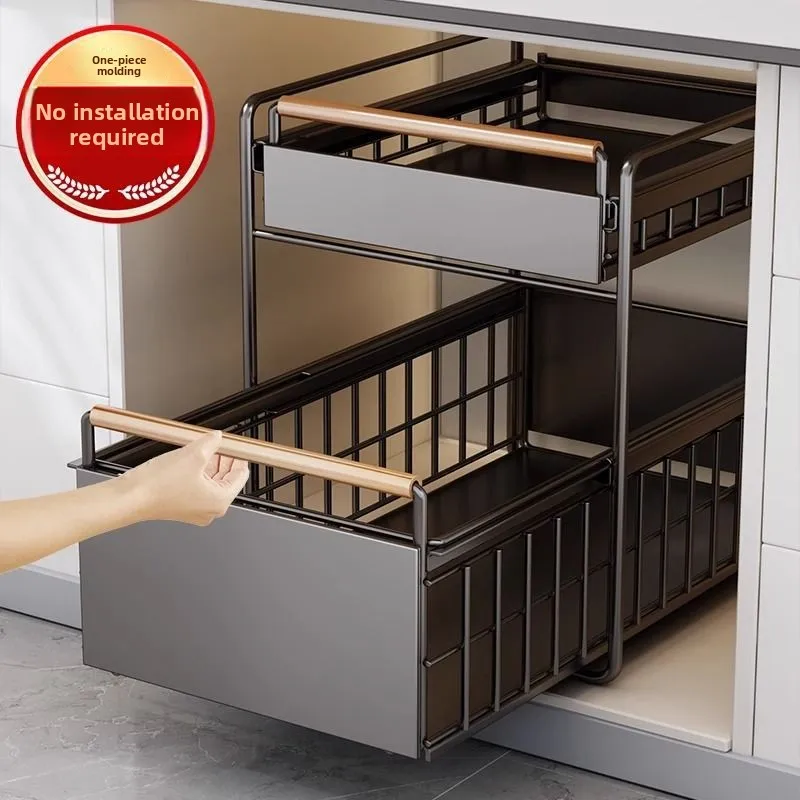 Kitchen Pull-Out Cabinet Storage Rack Smooth Rail Wheel Sliding Single Or Double Tier Plastic Steel Organizer Cookware Dishes