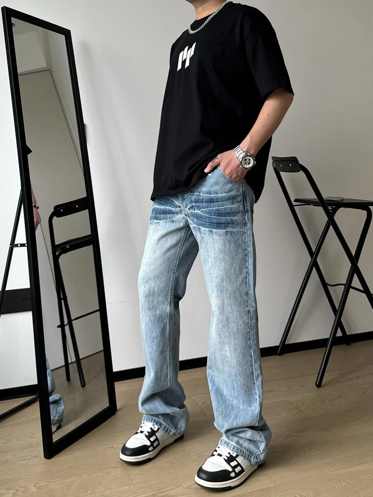 

Ice Blue Men's Jeans with Lightning Wave Ripples Loose Straight Cut Casual Long Trousers Summer Faion Youth Sle American ...