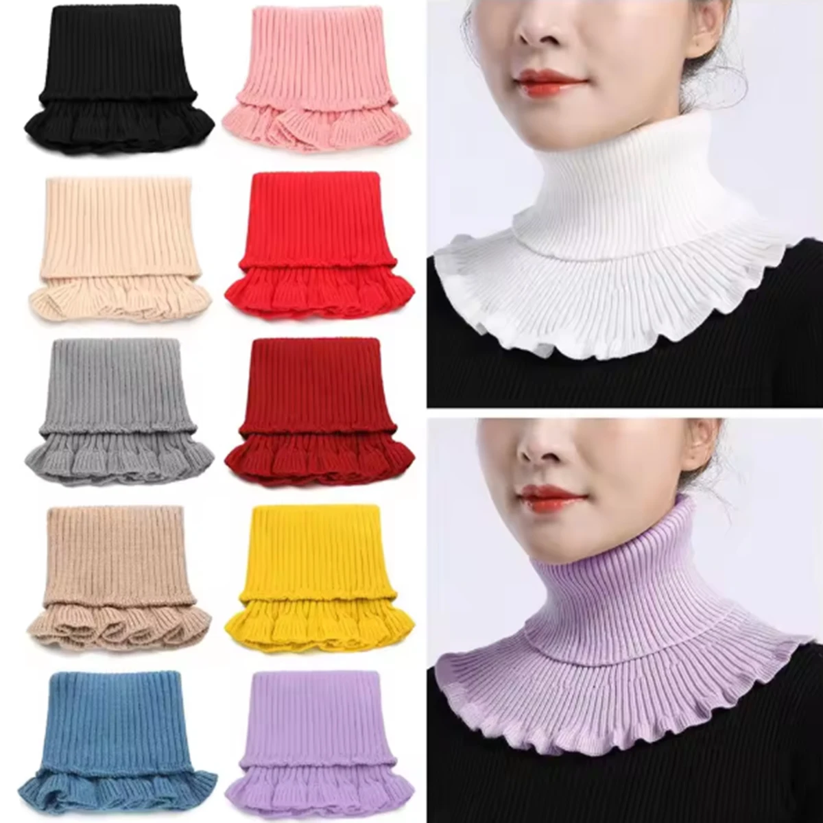 

Fashionable black and white knitted false neck scarf - soft, thick, and warm, with elegant ruffle edge design for women