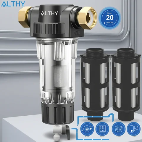 House Water Filter Purifier ALTHY Pre filter Whole House Spin Down Sediment Water Filter Central Prefilter Purifier System Backwash Stainless Steel Mesh
