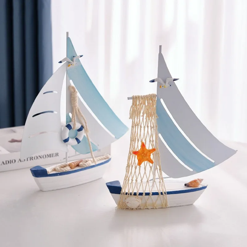 Nautical Wooden Iron Sailboat Ornament Mediterranean Style Tabletop Home Decoration