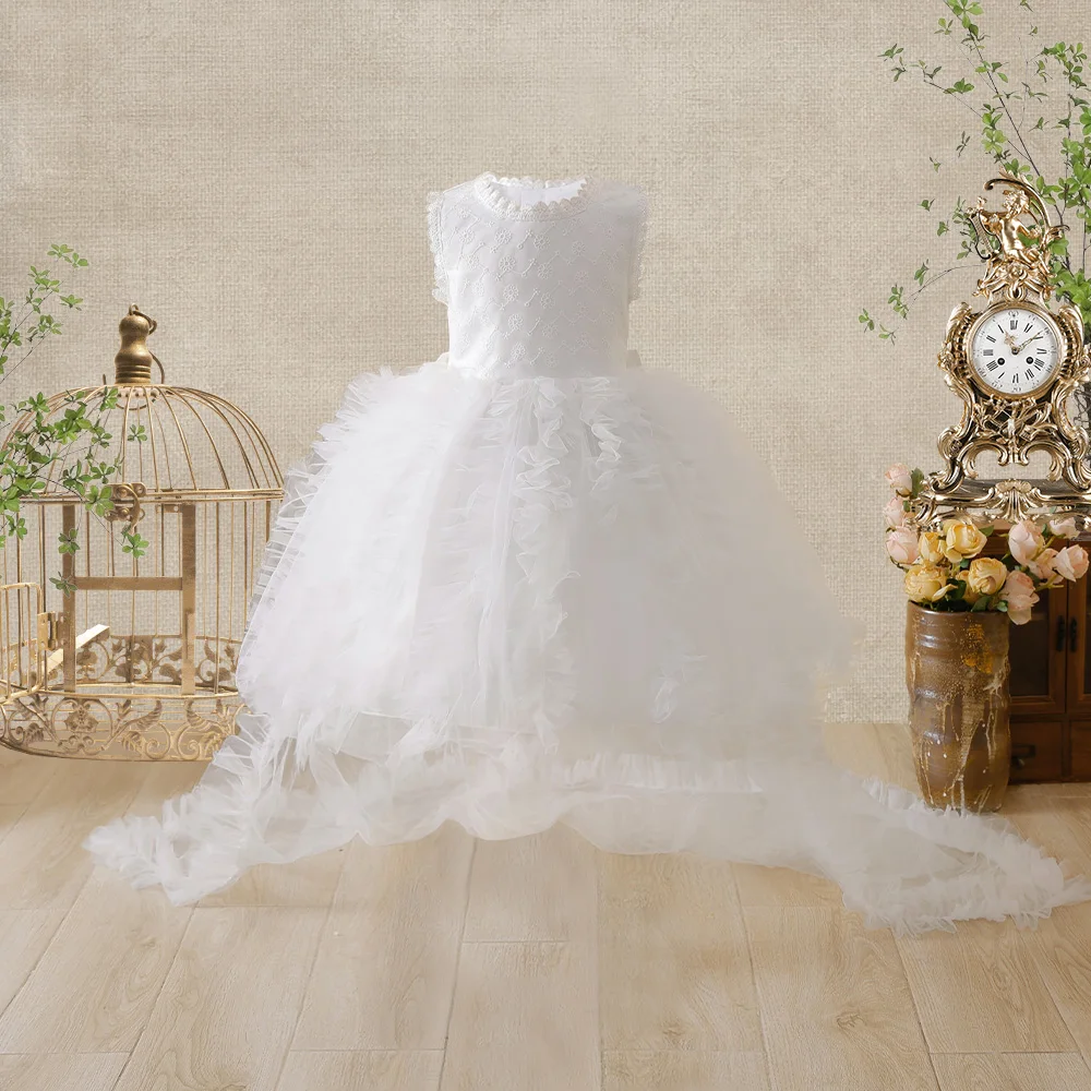 Elegant Girls Fluffy Tulle Flower Dress Wedding White Trailing Ceremony Costume Birthday First Communion Gown Kids Gala Clothing