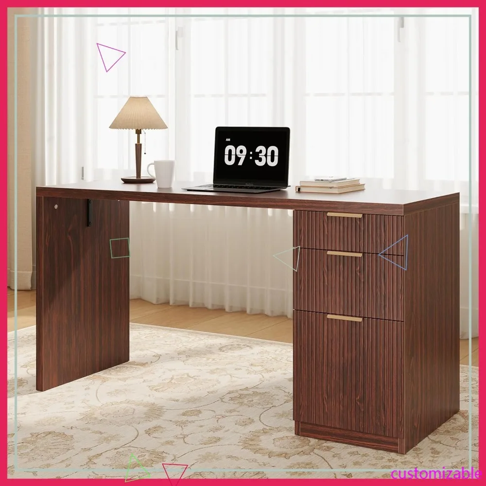 

Современный офисный стол 58 дюймов с местом для хранения, ящиками и зарядной станцией, деревянный рифленый стол для домашнего кабинета