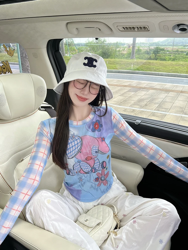 

American Sle Long Sve T-irt Women's Summer Slim Fit Versatile Personali Top Cartoon Print Breathable Sweat Absorbent