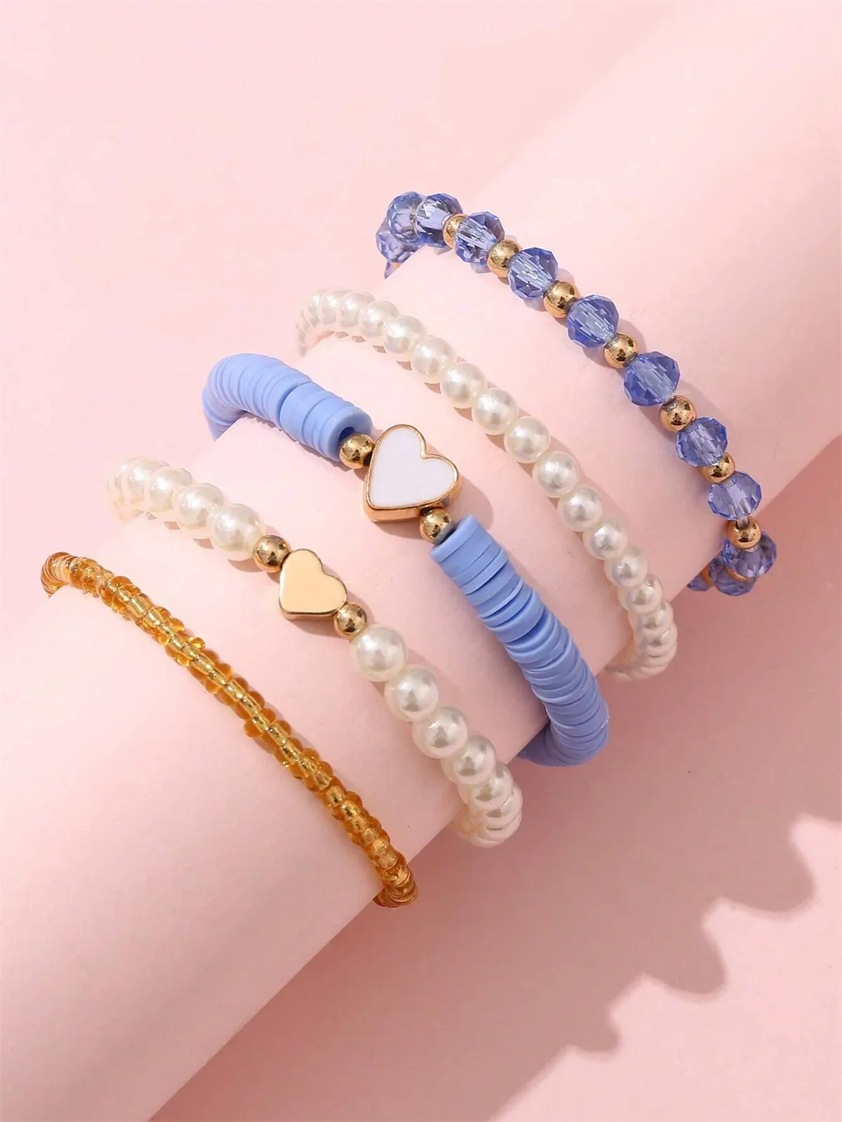 5 قطع الوردي القلب أساور مجموعة الأميرة بنات بنات سوار هدية ملونة حالمة متعدد الطبقات الخرز والمجوهرات