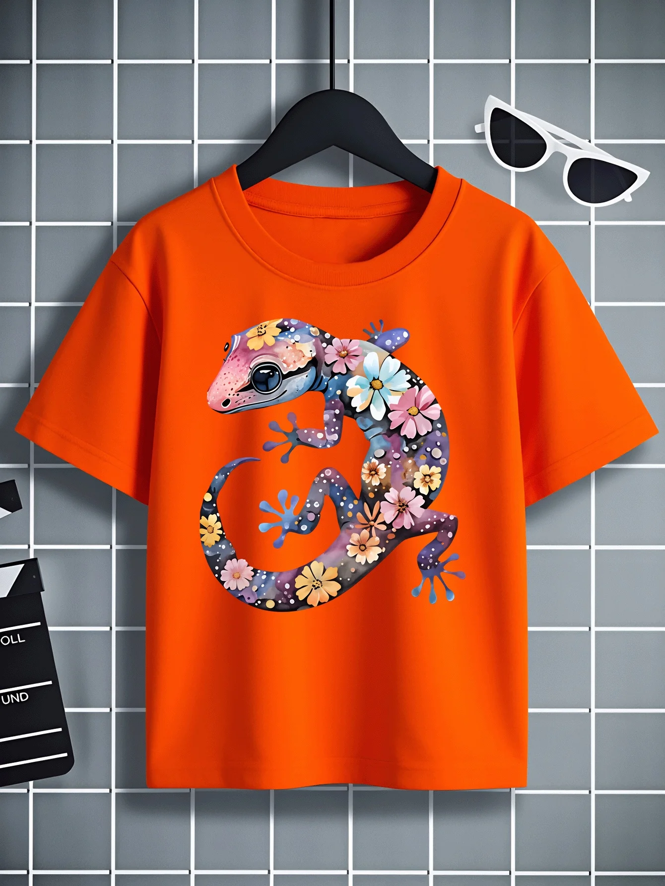 Floral Gecko Art Print Design Pattern Machine Washable Outdoor Activity Top Comfortable and Fun Printed Parent-child T-shirt