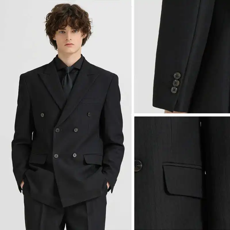 

Formal Wedding TuxedosJacket Pants Pinstripe Men Suit Classic Peaked Lapel Double Breasted Evening Prom Groom Blazers Customized