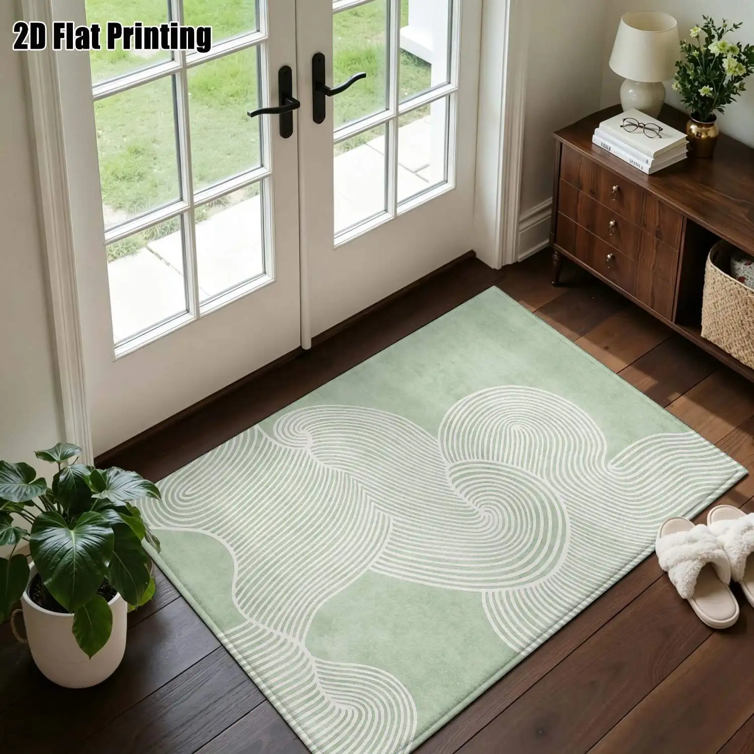 1Pc 2D Printed Carpet: Light Green Line Cloud Pattern, Nordic/Modern Minimalist/Instagram Style, Geometric Striped Abstract Art, Home Decor, Multi-Size, Machine Washable, for Entryway, Living Room, Bedroom, Dining Room, Study