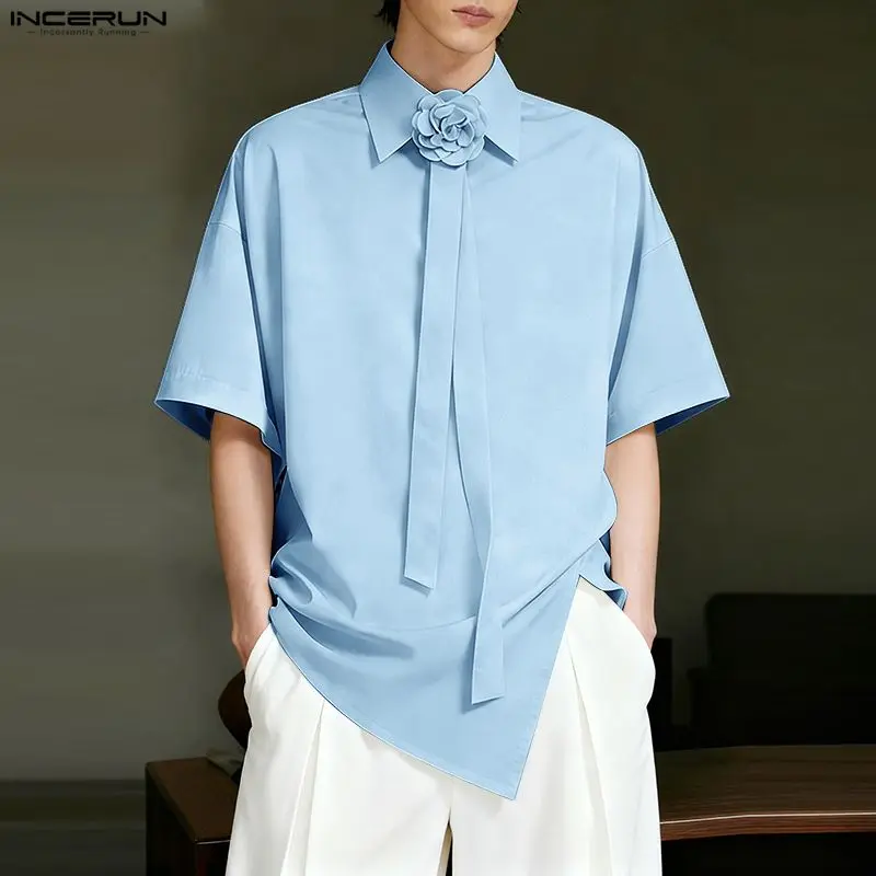 INCERUN Men Irregular Shirt Flower Solid Color Lapel Short Sleeve Men Clothing Streetwear Loose Korean Style Fashion Casual Tops