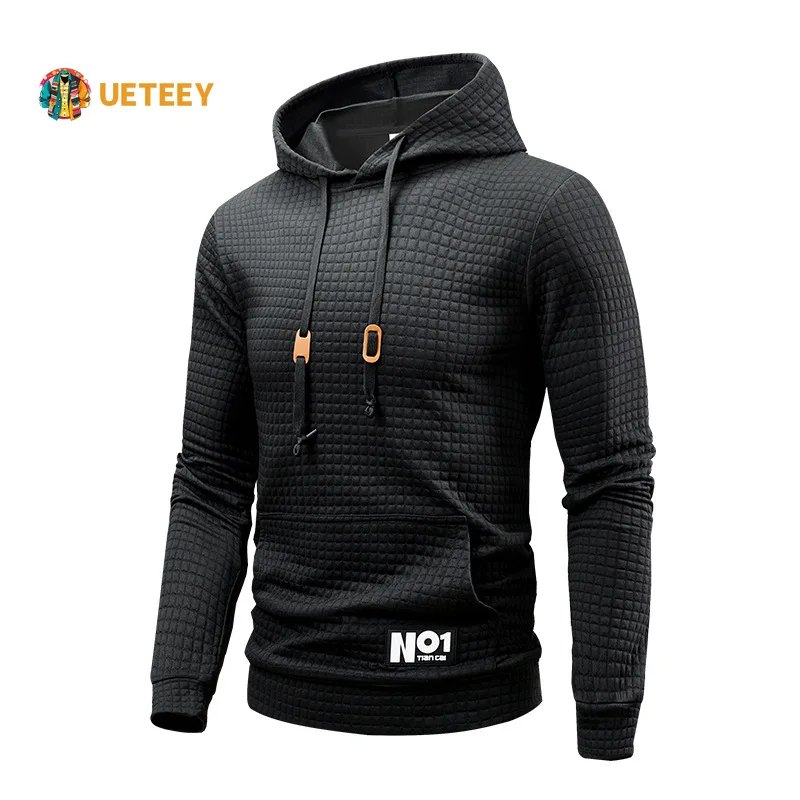 

UETEEY весенние толстовки с вафельным узором, мужские повседневные спортивные толстовки с капюшоном для бега, мужские теплые однотонные свободные пуловеры, уличная одежда