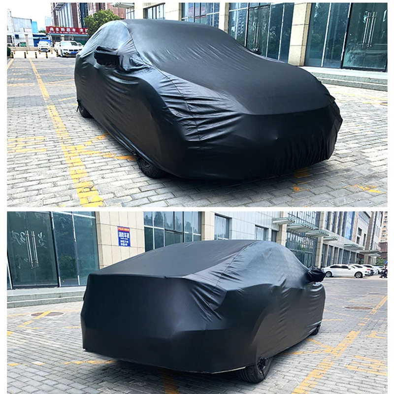 غطاء سيارة أسود مقاوم للماء في الهواء الطلق PU plus مخملي سميك بأربعة جوانب غطاء سيارة مرن غطاء سيارة ثلجي S/M/L/XL/XXL
