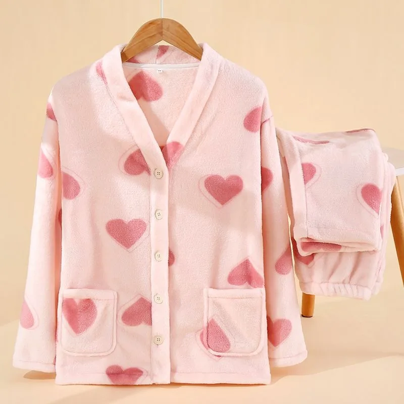 2024 New Sweet Cardigan Flannel Pajamas Women's Winter Plush Thickened Sleepwear Coral Velvet Warm Student Plush Homewear Set